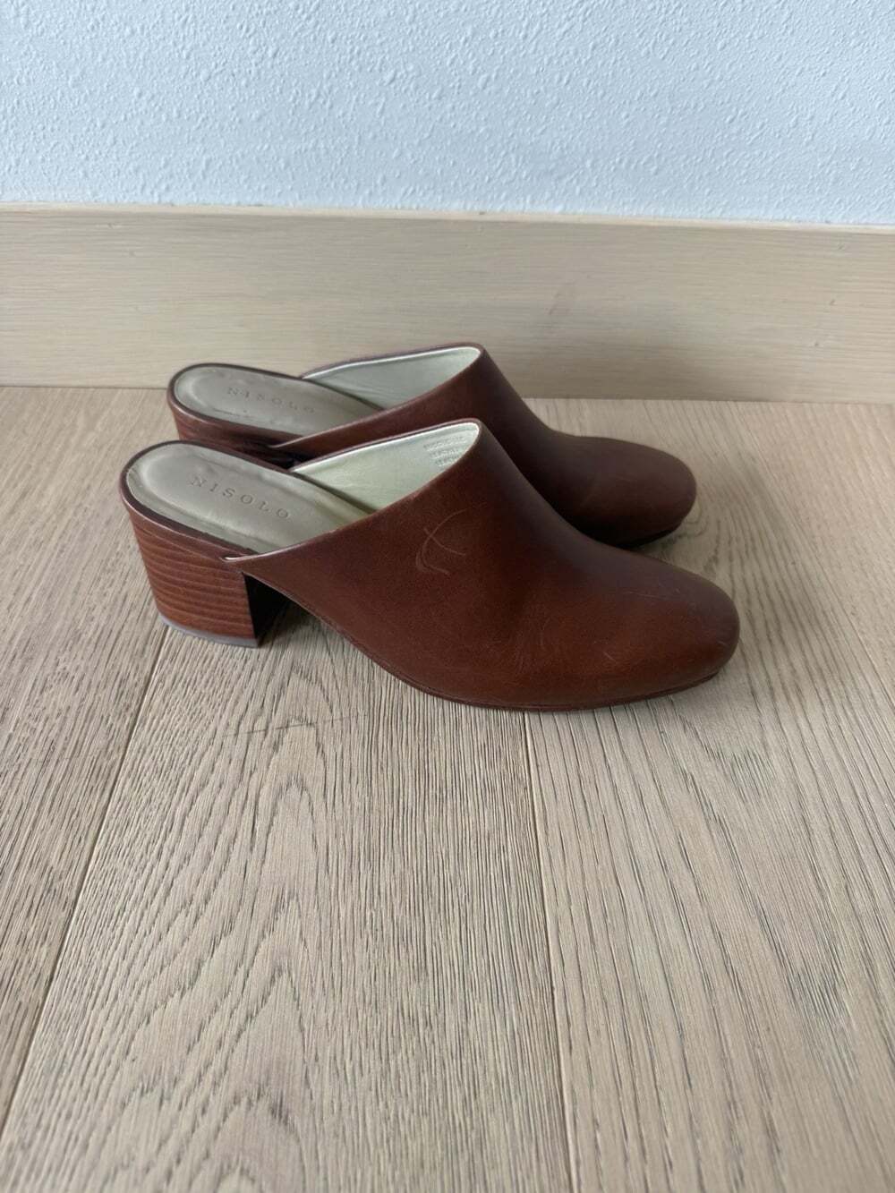 Nisolo All Day Brown Leather Block High Heel Slip On Mule Women's 8.5 Shoes